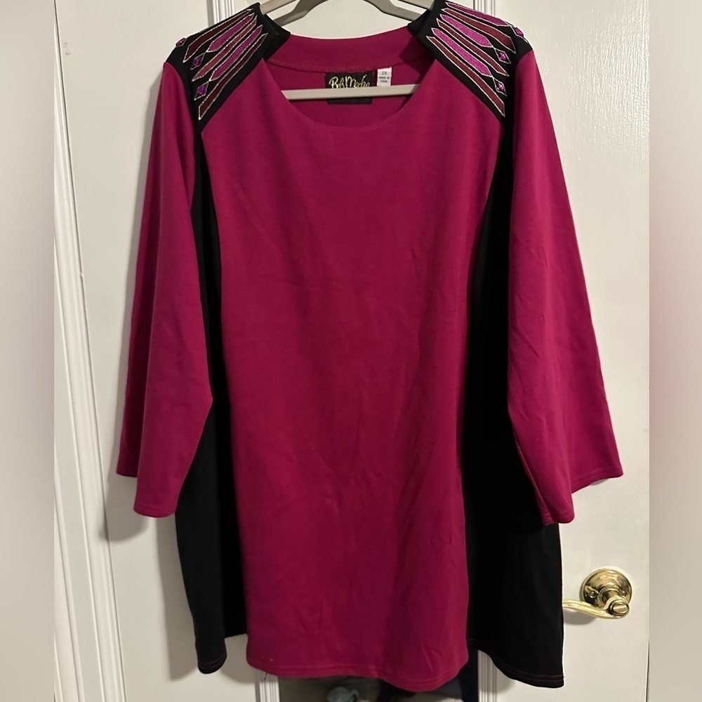 Vintage BOB MACKIE Wearable Art Embroidered Fuchsia Black Mini Dress 2X tunic